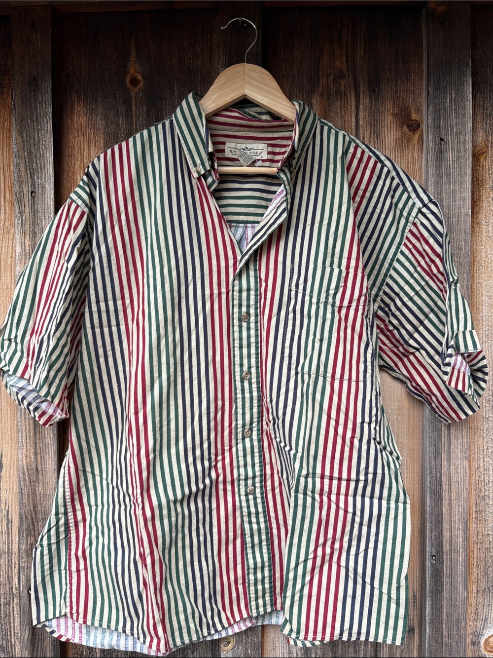 Vintage Men's Striped Button-Up Shirt in Red, Green & Navy - 100% Cotton